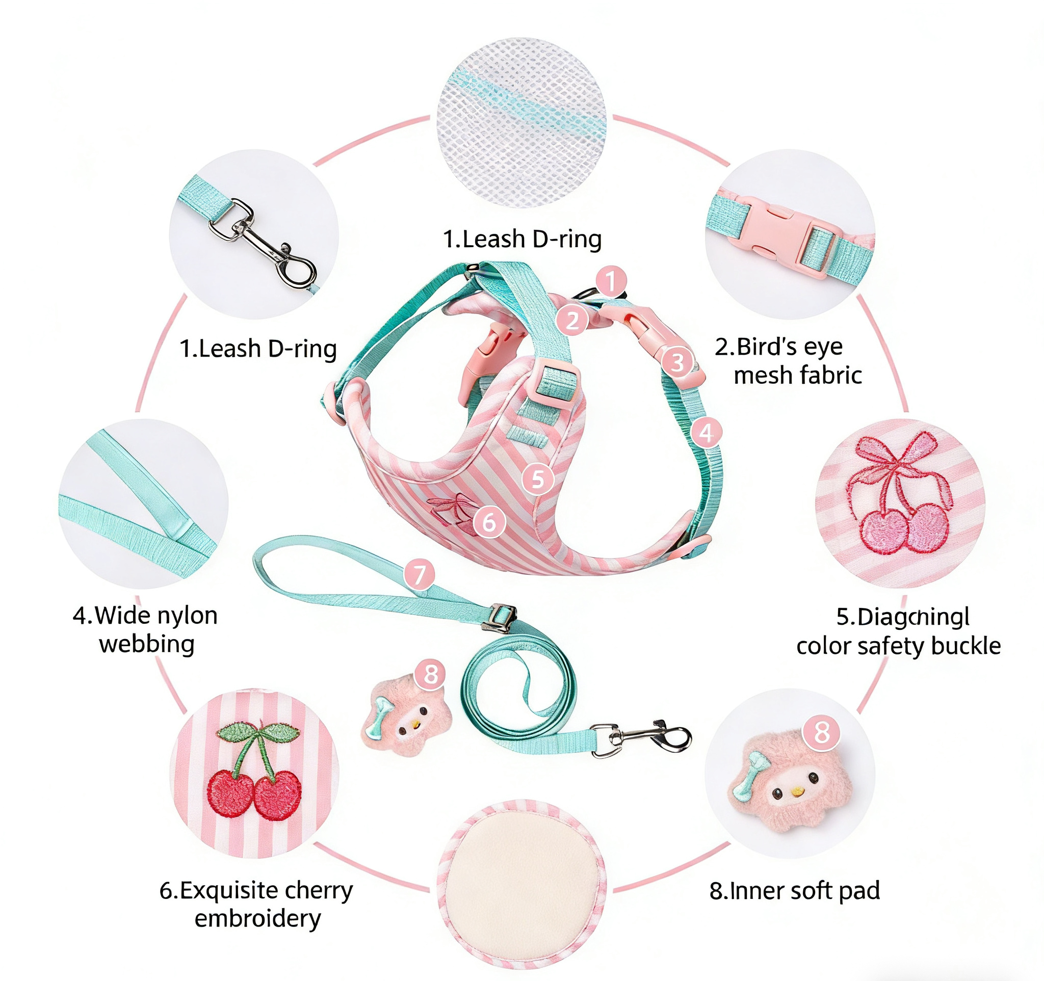 cherry pattern dog harness & leash set cherry pattern dog harness & leash set